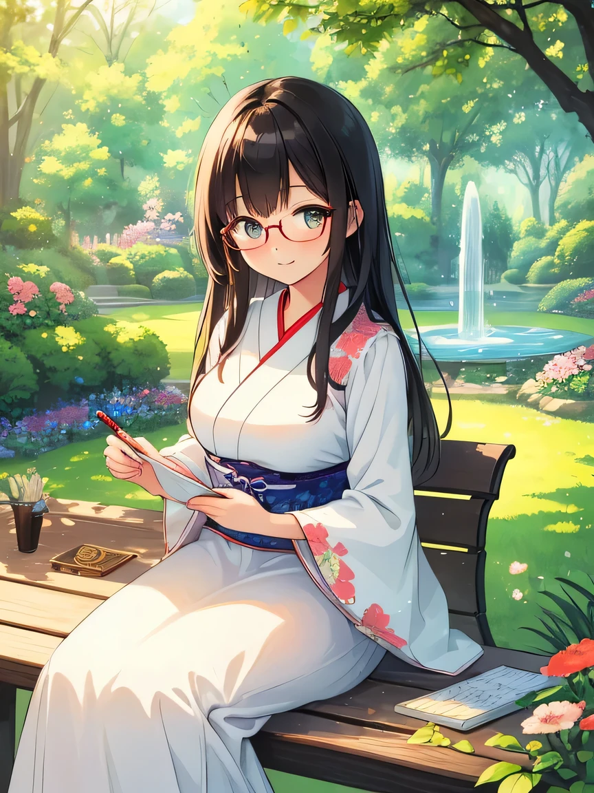 ((Masterpiece)), ((top quality)), very detailed, animated style illustration, Japanese-style room, 1girl, cute girl, solo, upper body, upper body focus, white sundress, (beautiful eyes), beautiful black hair, long hair, slim, slender, glasses, medium breast, sketching, Western garden, sitting on bench, , (holding a pencil:1.2), flowers, trees, fountain, sunlight, detailed background, nature, serene, peaceful, summer, park, traditional art, (open sketchbook), drawing, outdoor, day, scenic, picturesque, beauty, young woman, artistic, creative, lush garden, vibrant colors, intricate details, fine art.