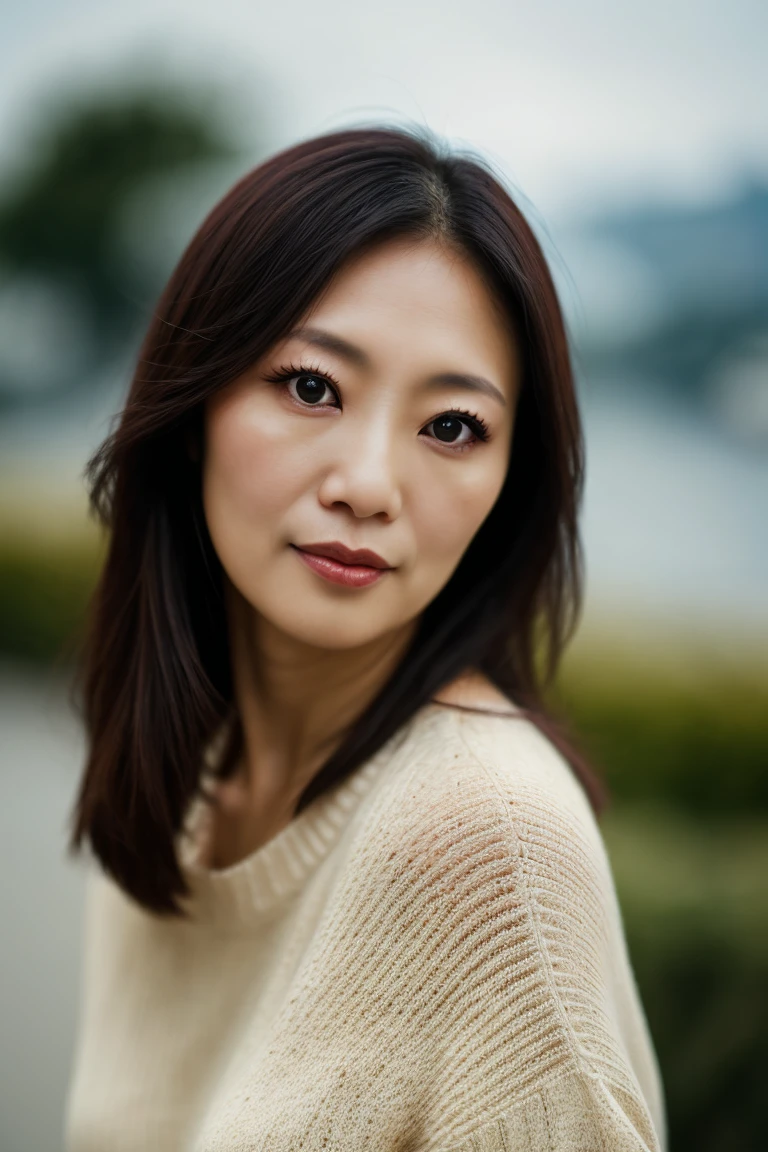 Portrait of a Taiwanese middle-aged woman, 40 years old, cute face, slim, tolts, (sexy sweater: 1.2), background blur, simple background, (sophisticated skin: 1.0) ), (masterpiece: 1.2) (realistic: 1.2) (Bokeh) (Top Quality) (Intricate Detail) (8K) (High Dynamic Range) (Analog Film) (Canon D5) (Movie Lighting) (Sharp Focus), Running