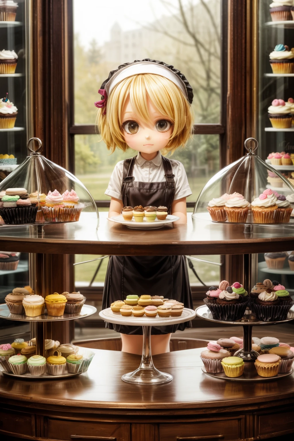 masterpiece, highly detailed, (chibi:1.3), , (1girl), blonde hair, pastel colors, cozy atmosphere, dessert display case, macarons, cupcakes, tarts, cakes, coffee machine, chalkboard menu, natural lighting, glass jars filled with candy, frosted window panes, decorative plates, whimsical decor, 
