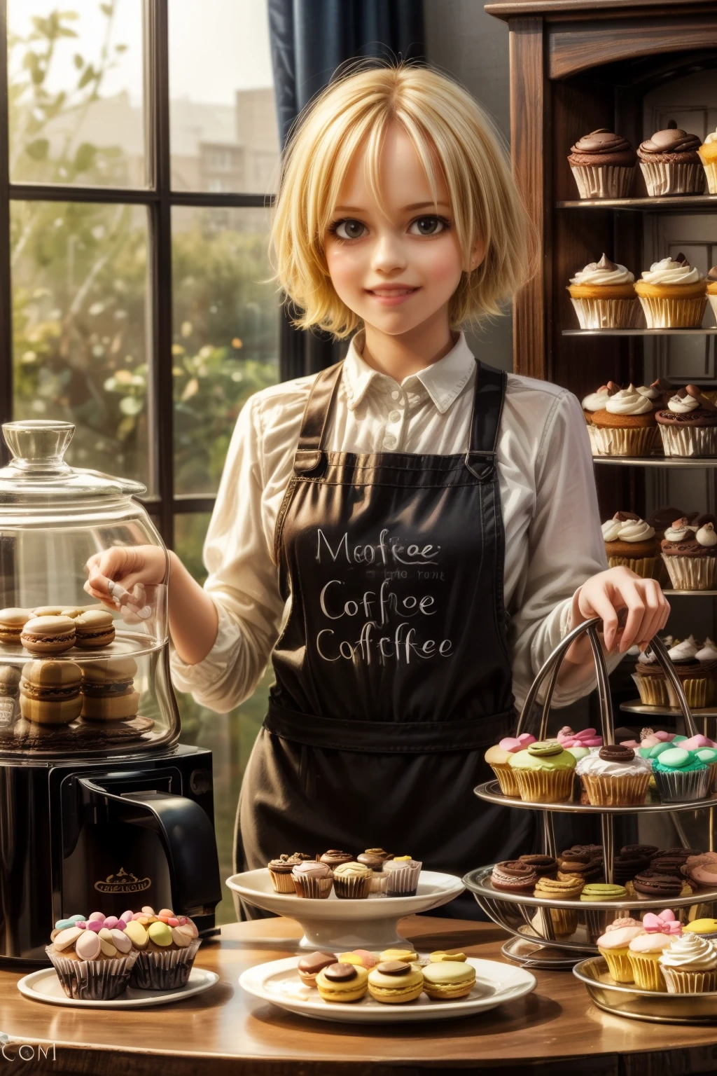 masterpiece, highly detailed, (chibi:1.3), , (1girl), blonde hair, pastel colors, cozy atmosphere, dessert display case, macarons, cupcakes, tarts, cakes, coffee machine, chalkboard menu, natural lighting, glass jars filled with candy, frosted window panes, decorative plates, whimsical decor, 
