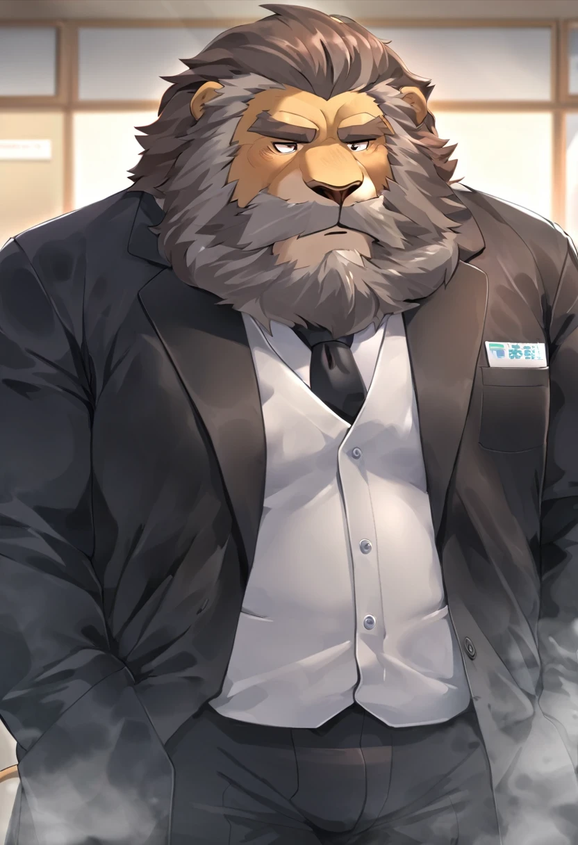lion,personification,Mature male,Strong Man,Thick beard,Cold expression,Minimized pupils,Brown eyebrows,Black suit suit,Hands in pockets,The Age of Steam,Hospital Office。