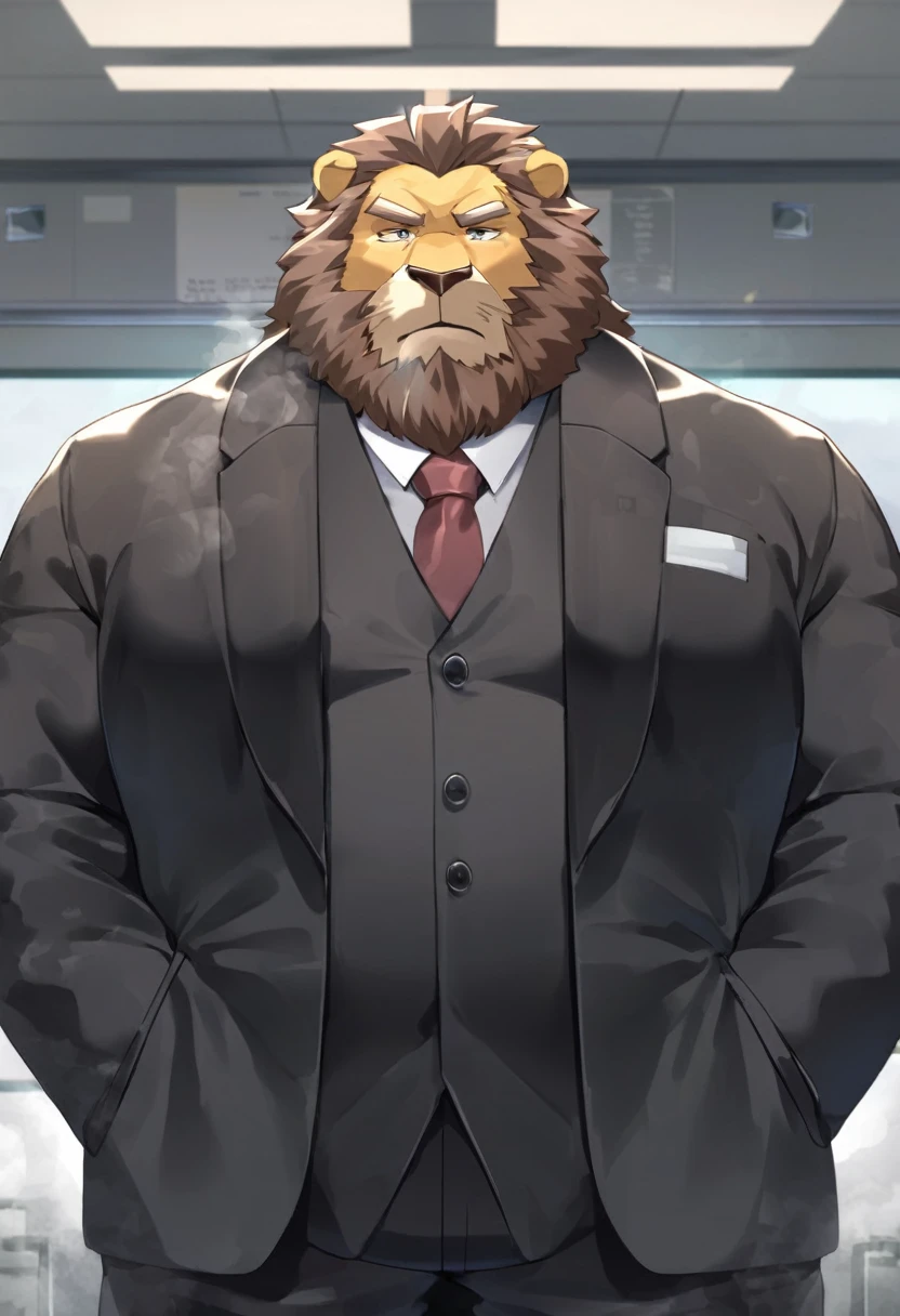 lion,personification,Mature male,Strong Man,Thick beard,Cold expression,Minimized pupils,Brown eyebrows,Black suit suit,Hands in pockets,The Age of Steam,Hospital Office。