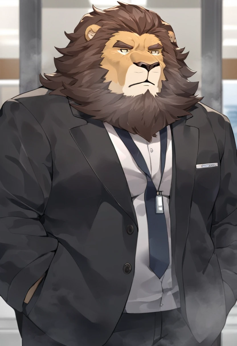 lion,personification,Mature male,Strong Man,Thick beard,Cold expression,Minimized pupils,Brown eyebrows,Black suit suit,Hands in pockets,The Age of Steam,Hospital Office。