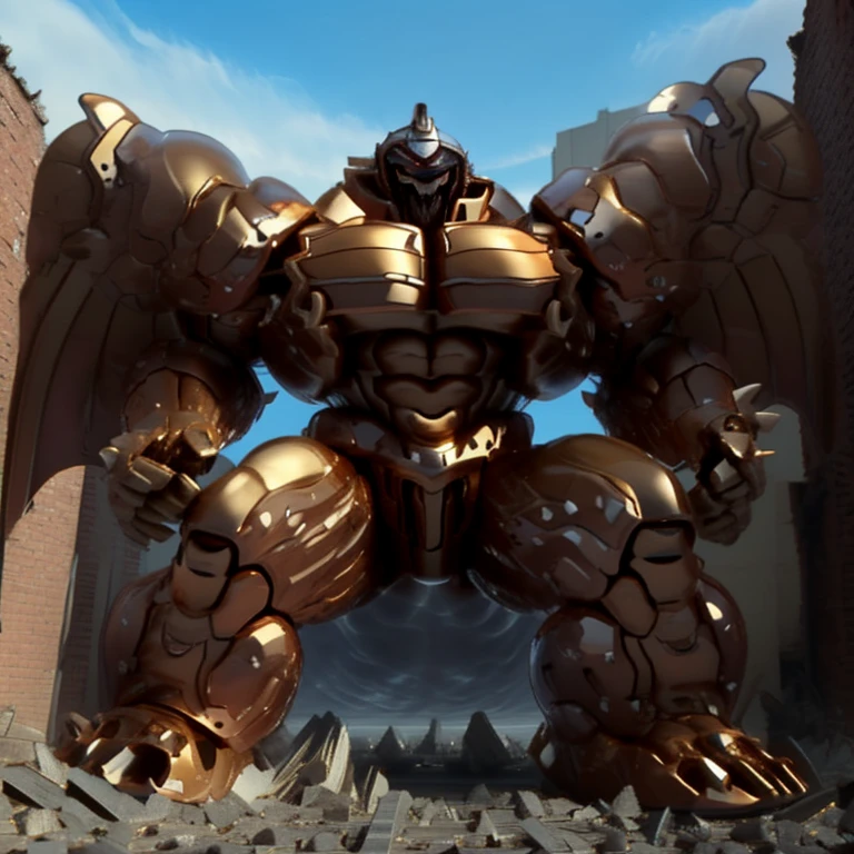 SOLO (masterpiece. official art. 8k. best quality. detailed full body. full body.)

(situation 1 : dominating Armored Flazzard. Armored Flazzard is over 1000 meters long. focus GIANT mechanical Muscular Armored Flazzard is trampling the city. Looking down. macro. stomp. Low-angle perspective. emphasizing the immense size.)

(situation 2 :smoke and flames rising from the destruction in the city)

(Additional details 1: real texture material. whole body shines like metal. emphasizes the muscles. suit fully made of metal.).

(Additional details 2: Detailed head. Detailed Body. Detailed abs. gigantic muscles. HYPER MUSCLES. Gigachad Muscular. big muscle. pecs. triceps. traps. unusually developed muscular body. body full of huge muscles. showing off muscles. pectorales enormes. Exaggeratedly huge muscles. huge muscles. long legs.).
(Additional details 3: Spread wings. It has wings. have big wings. The claws are sharp. Sharp teeth.).