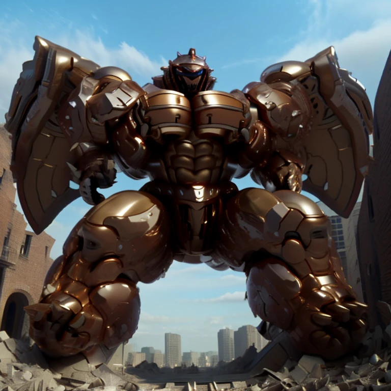 SOLO (masterpiece. official art. 8k. best quality. detailed full body. full body.)
(situation 1 : dominating Armored Flazzard. Armored Flazzard is over 1000 meters long. focus GIANT mechanical Muscular Armored Flazzard is trampling the city. Looking down. macro. stomp. Low-angle perspective. emphasizing the immense size.)
(situation 2 :smoke and flames rising from the destruction in the city)
(Additional details 1: real texture material. whole body shines like metal. emphasizes the muscles. suit fully made of metal.).
(Additional details 2: Detailed head. Detailed Body. Detailed abs. gigantic muscles. HYPER MUSCLES. Gigachad Muscular. big muscle. pecs. triceps. traps. unusually developed muscular body. body full of huge muscles. showing off muscles. pectorales enormes. Exaggeratedly huge muscles. huge muscles. long legs.).
(Additional details 3: Spread wings. It has wings. have big wings. The claws are sharp. Sharp teeth.).