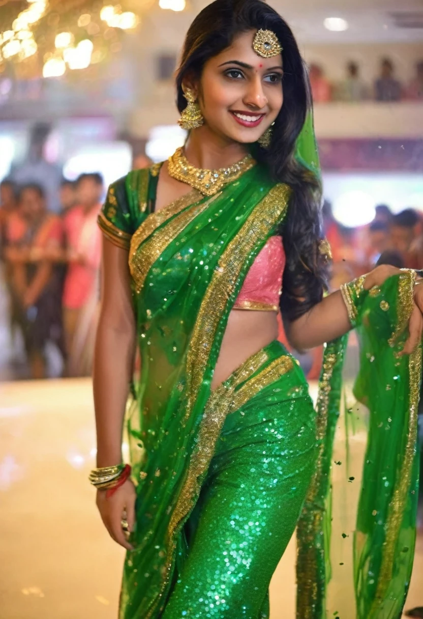 18 year cute, beautiful and hot girl is wear green glitter shiny saree preform dance in college with boy, she has very sexy trianguler figure and her clothes are tight
