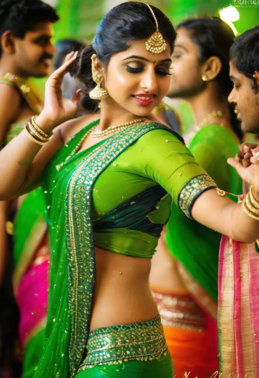 18 year cute, beautiful and hot girl is wear green glitter shiny saree preform dance in college with boy, she has very sexy trianguler figure and her clothes are tight