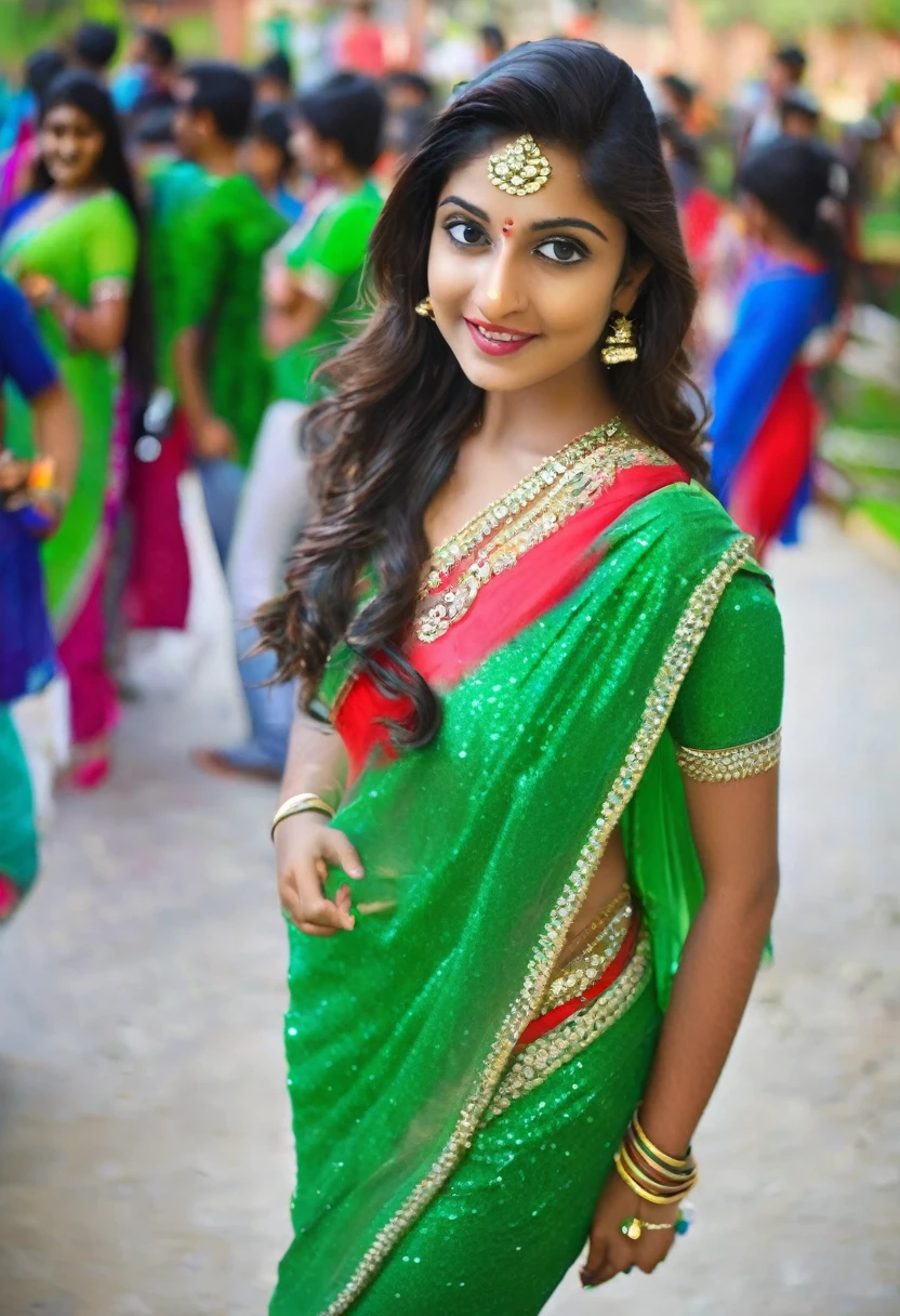 18 year cute, beautiful and hot girl is wear green glitter shiny saree preform dance in college with boy, she has very sexy trianguler figure and her clothes are tight
