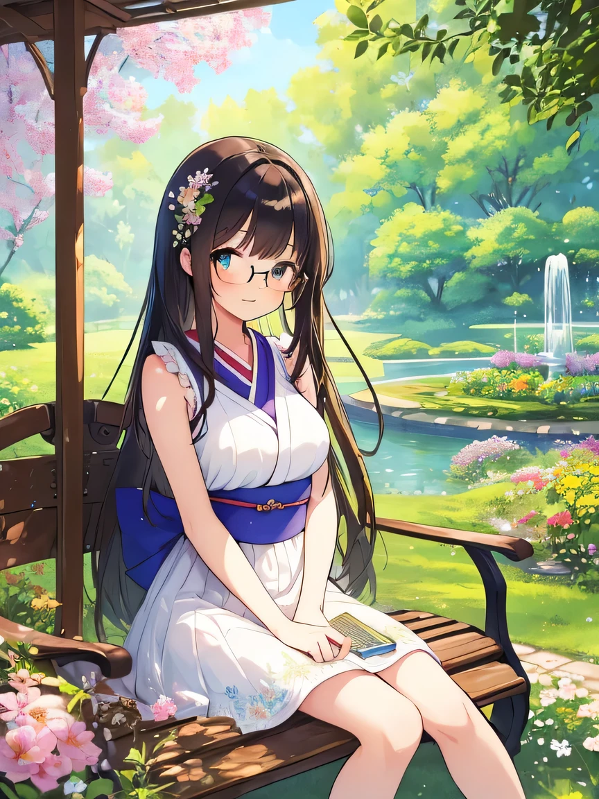 ((Masterpiece)), ((top quality)), very detailed, animated style illustration, Japanese-style room, 1girl, cute girl, solo, upper body, upper body focus, white sundress, (beautiful eyes), beautiful black hair, long hair, slim, slender, glasses, medium breast, sketching, Western garden, sitting on bench, (holding a pencil:1.2), flowers, trees, fountain, sunlight, detailed background, nature, serene, peaceful, summer, park, traditional art, (open sketchbook), drawing, outdoor, day, scenic, picturesque, beauty, young woman, artistic, creative, lush garden, vibrant colors, intricate details, fine art.
