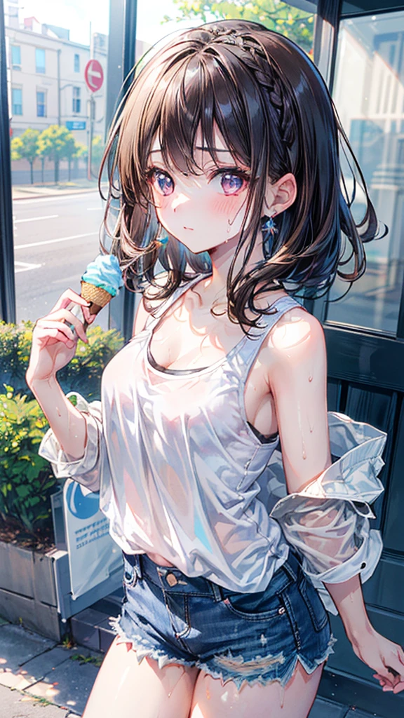 (Best quality, 8k, 32k, Masterpiece, UHD,:1.2),RAW, 1girl,ultra cute , natural lighting,transparent shining eyes, 20yo ,fair complexion,  dark brown hair, french braid, flushed face,femur,  medium hair, Tank top, short denim, ice cream, Sweat