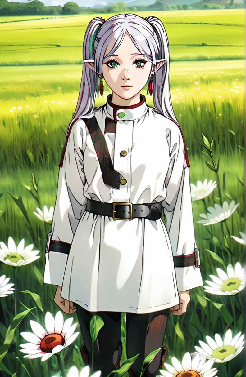 incredible quality, ultra detaild, work of art, movie poster.
1 imposing, confident and powerful adult woman, freeze, elf ears, gray hair, cabelo twintails, greeneyes, make-up, black mascara, ombre, Red Earrings, White jacket with dark yellow details, striped shirt, black belt, belt buckle, white skirt with dark yellow details to the knee, black pantyhose, brown boots, in a green field with flowers, extremely detaild, 