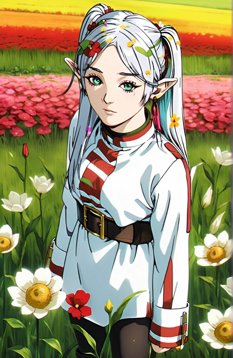 incredible quality, ultra detaild, work of art, movie poster.
1 imposing, confident and powerful adult woman, freeze, elf ears, gray hair, cabelo twintails, greeneyes, make-up, black mascara, ombre, Red Earrings, White jacket with dark yellow details, striped shirt, black belt, belt buckle, white skirt with dark yellow details to the knee, black pantyhose, brown boots, in a green field with flowers, extremely detaild, 