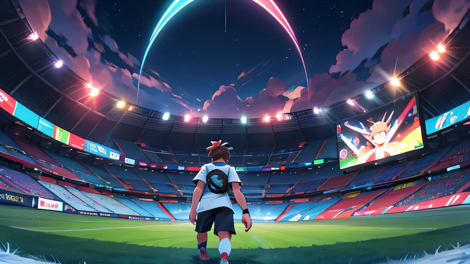 Messi is a pokémon master ,in a middle of  a pokémon Stadium with led colors lights, he was powerful, this happend in a pokémon world.