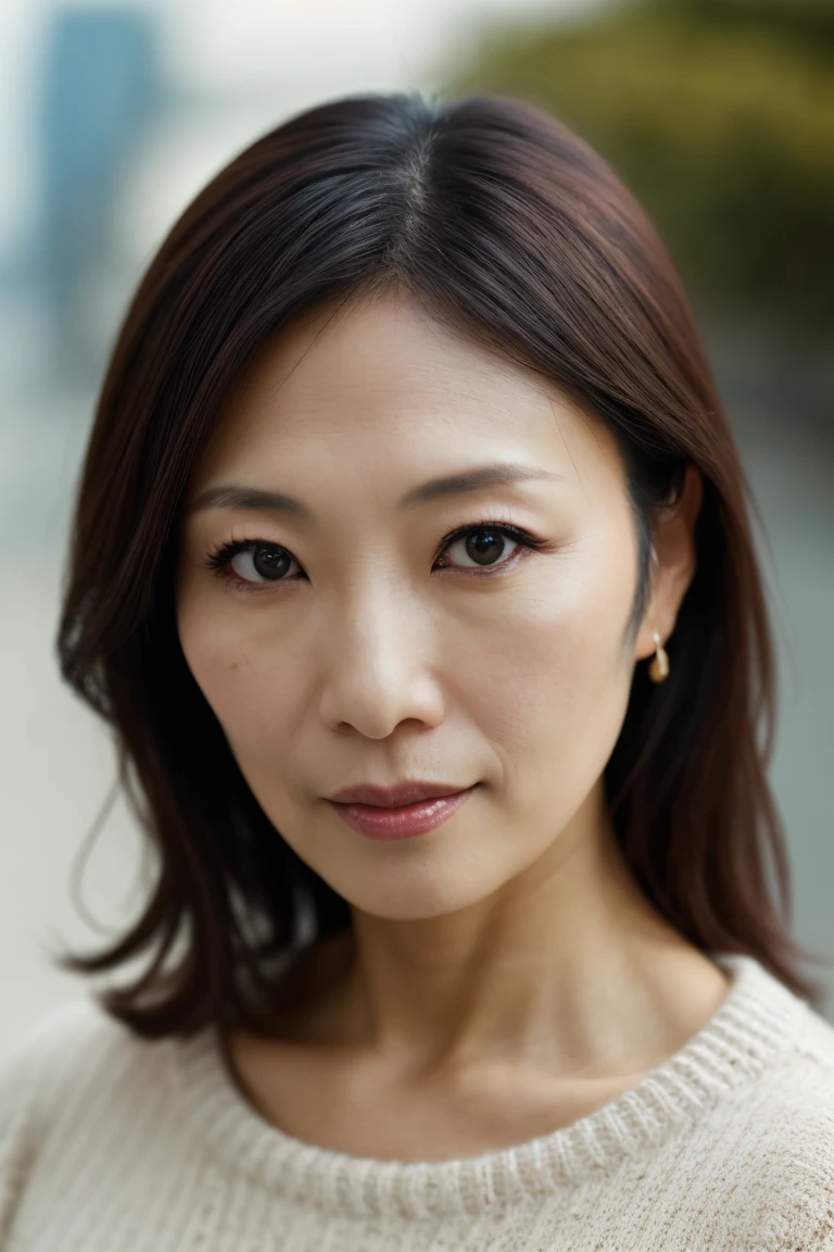 Portrait of a middle-aged Japanese woman, 40 years old, cute face, slim, tortiz, (sexy sweater: 1.2), background blur, simple background, (sophisticated skin: 1.0) ), (masterpiece: 1.2) (realistic: 1.2) (Bokeh) (Top Quality) (Intricate Detail) (8K) (High Dynamic Range) (Analog Film) (Canon D5) (Movie Lighting) (Sharp Focus), Running