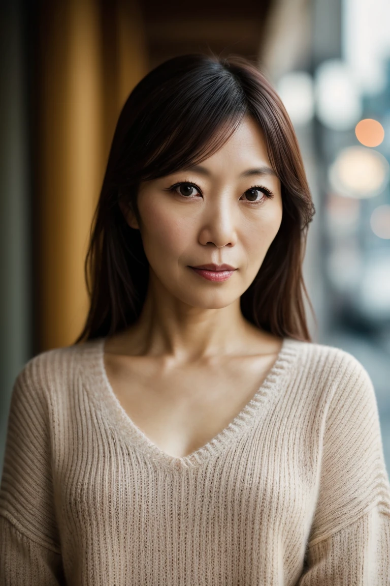 Portrait of a middle-aged Japanese woman, 40 years old, cute face, slim, tortiz, (sexy sweater: 1.2), background blur, simple background, (sophisticated skin: 1.0) ), (masterpiece: 1.2) (realistic: 1.2) (Bokeh) (Top Quality) (Intricate Detail) (8K) (High Dynamic Range) (Analog Film) (Canon D5) (Movie Lighting) (Sharp Focus), Running