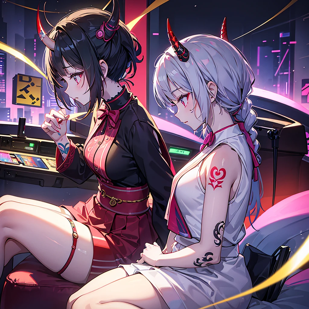 Best quality, masterpiece, A young yakuza girl with small horns with a tattooed face, tattooed shoulders and tattooed arms is sitting in profile in neon light room