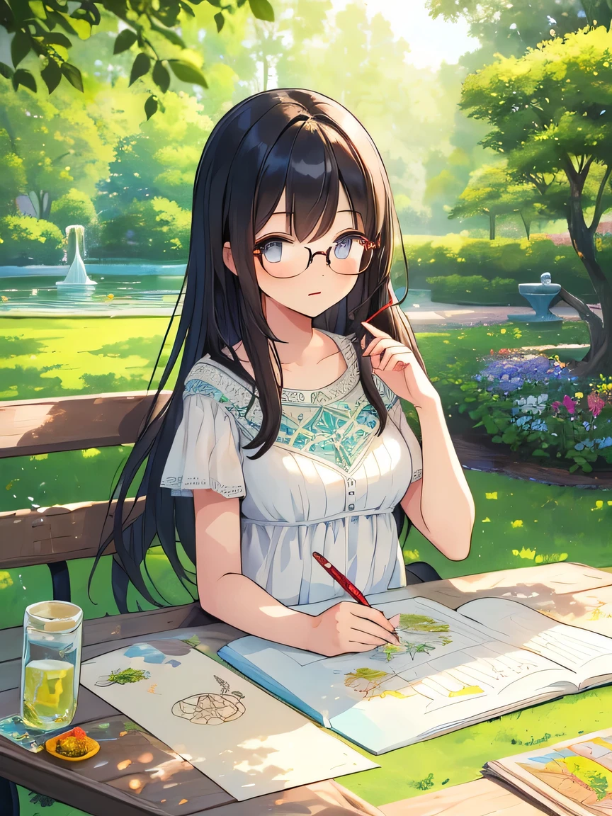 ((Masterpiece)), ((top quality)), very detailed, animated style illustration, 1girl, cute girl, solo, upper body, upper body focus, white sundress, (beautiful eyes), beautiful black hair, long hair, slim, slender, glasses, medium breast, sketching, Western garden, sitting on bench, (holding a pencil:1.2), flowers, trees, fountain, sunlight, detailed background, nature, serene, peaceful, summer, park, traditional art, (open sketchbook), drawing, outdoor, day, scenic, picturesque, beauty, artistic, creative, lush garden, vibrant colors, intricate details, fine art.