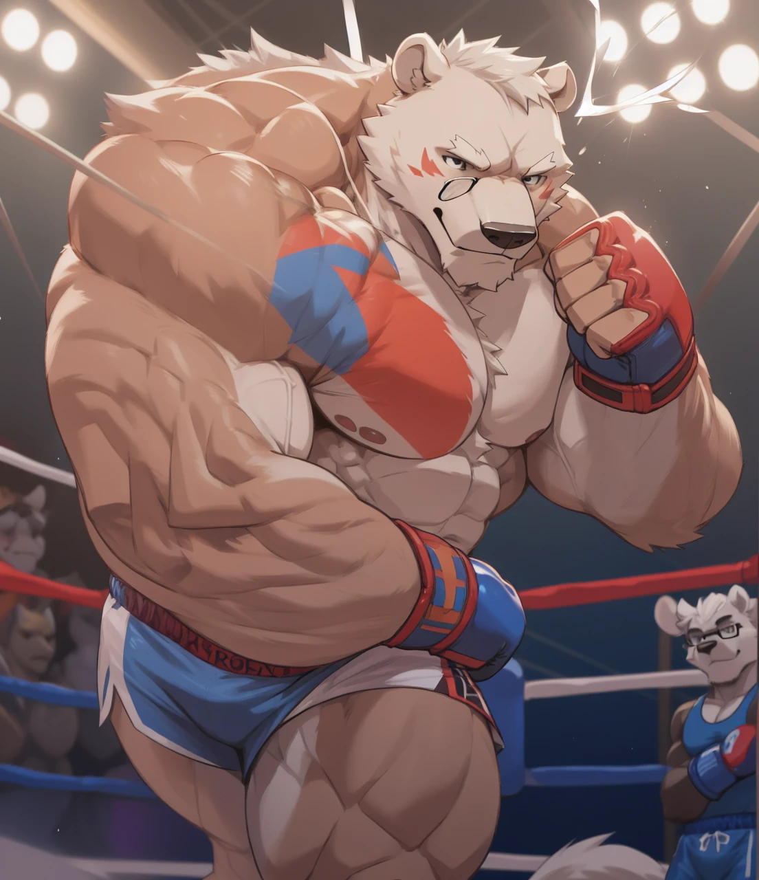 solo, 1boy, Huge Muscular White Polar Bear wearing glasses, huge white fur, pectoral, huge pectoral, wide pectoral, short white hair, blue colored boxing kickboxing shorts, blue colored kickboxing gloves and shirtless and topless, white bearded, white Mustache, white fur, simple background, masterpiece, high detailed, 8k, high resolution, at the gym, flexes huge body muscles