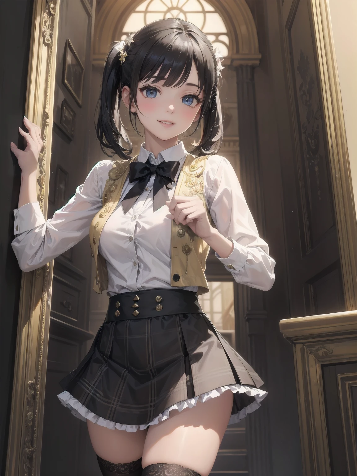 A lavish, photorealistic illustration of Soro, a charming 19th-century maiden, exudes elegance in a masterfully crafted scene. Framed by a ornate, gilded archway, she stands poised, her twintails adorned with sparkling bows, her cardigan vest and short-sleeved shirt perfectly complementing her plaid skirt. Over black legwear, her loafers add a touch of whimsy. A radiant smile spreads across her face, her eyes sparkling like diamonds in the soft, golden light. Every detail, from the intricate lace trim to the delicate folds of her garments, is meticulously rendered by a master illustrator's hand, Dynamic angle shooting by Spielberg、Audrey Hepburn's acting instruction: Dynamic poses、カウボーイショット