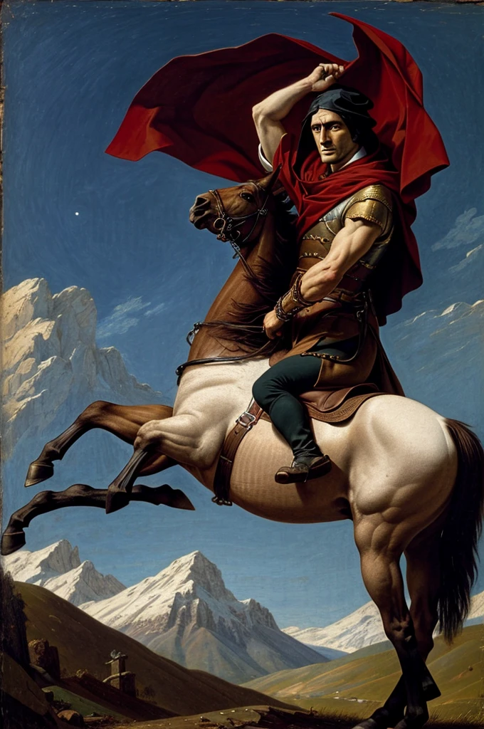 Generate a painting of the horse named a hooded grim reaper named "War" one of the Four Horsemen of the Apocalypse riding on the back of a horse pointing out towards the background, crossing the alps, dressed in the color Red of modern gothic grunge fashion with leather straps and chains, in the colors of gothic blood Red, underneath a night sky with the moonlight casting down upon him, riding a Red colored Horse: The red horse is associated with war and bloodshed. , jacques - louis david, jacques louis david, inspired by Jacques-Louis David, jacques louis david style, inspired by Horace Vernet, neoclassical paintings, by Jacques-Louis David, napoleon, napoleonic wars