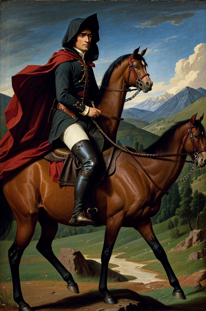 Generate a painting of the horse named a hooded grim reaper named "War" one of the Four Horsemen of the Apocalypse riding on the back of a horse pointing out towards the background, crossing the alps, dressed in the color Red of modern gothic grunge fashion with leather straps and chains, in the colors of gothic blood Red, underneath a night sky with the moonlight casting down upon him, riding a Red colored Horse: The red horse is associated with war and bloodshed. , jacques - louis david, jacques louis david, inspired by Jacques-Louis David, jacques louis david style, inspired by Horace Vernet, neoclassical paintings, by Jacques-Louis David, napoleon, napoleonic wars