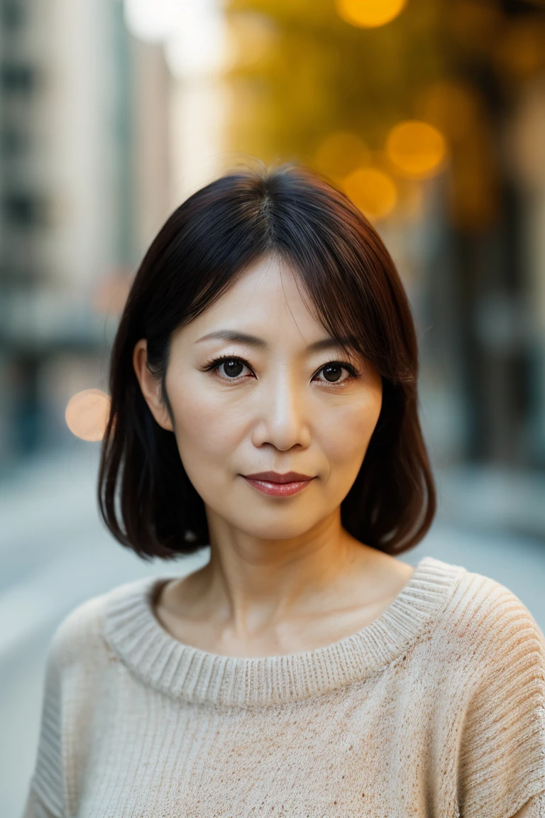Portrait of a middle-aged Japanese woman, 40 years old, cute face, slim, tortiz, (sexy sweater: 1.2), background blur, simple background, (sophisticated skin: 1.0) ), (masterpiece: 1.2) (realistic: 1.2) (Bokeh) (Top Quality) (Intricate Detail) (8K) (High Dynamic Range) (Analog Film) (Canon D5) (Movie Lighting) (Sharp Focus), Running
