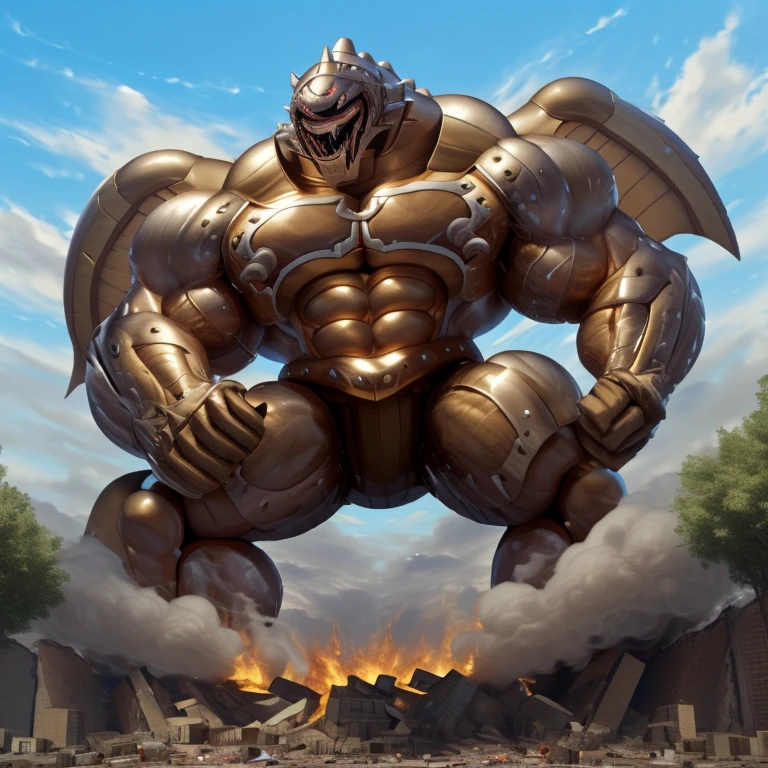 SOLO (masterpiece. official art. 8k. best quality. detailed full body. full body.)
(situation 1 : dominating Armored Flazzard. Armored Flazzard is over 1000 meters long. focus GIANT mechanical Muscular Armored Flazzard is trampling the city. Looking down. macro. stomp. Low-angle perspective. emphasizing the immense size.)
(situation 2 :smoke and flames rising from the destruction in the city)
(Additional details 1: real texture material. whole body shines like metal. emphasizes the muscles. suit fully made of metal.).
(Additional details 2: Detailed head. Detailed Body. Detailed abs. gigantic muscles. HYPER MUSCLES. Gigachad Muscular. big muscle. pecs. triceps. traps. unusually developed muscular body. body full of huge muscles. showing off muscles. pectorales enormes. Exaggeratedly huge muscles. huge muscles. long legs.).
(Additional details 3: Spread wings. It has wings. have big wings. The claws are sharp. Sharp teeth.).