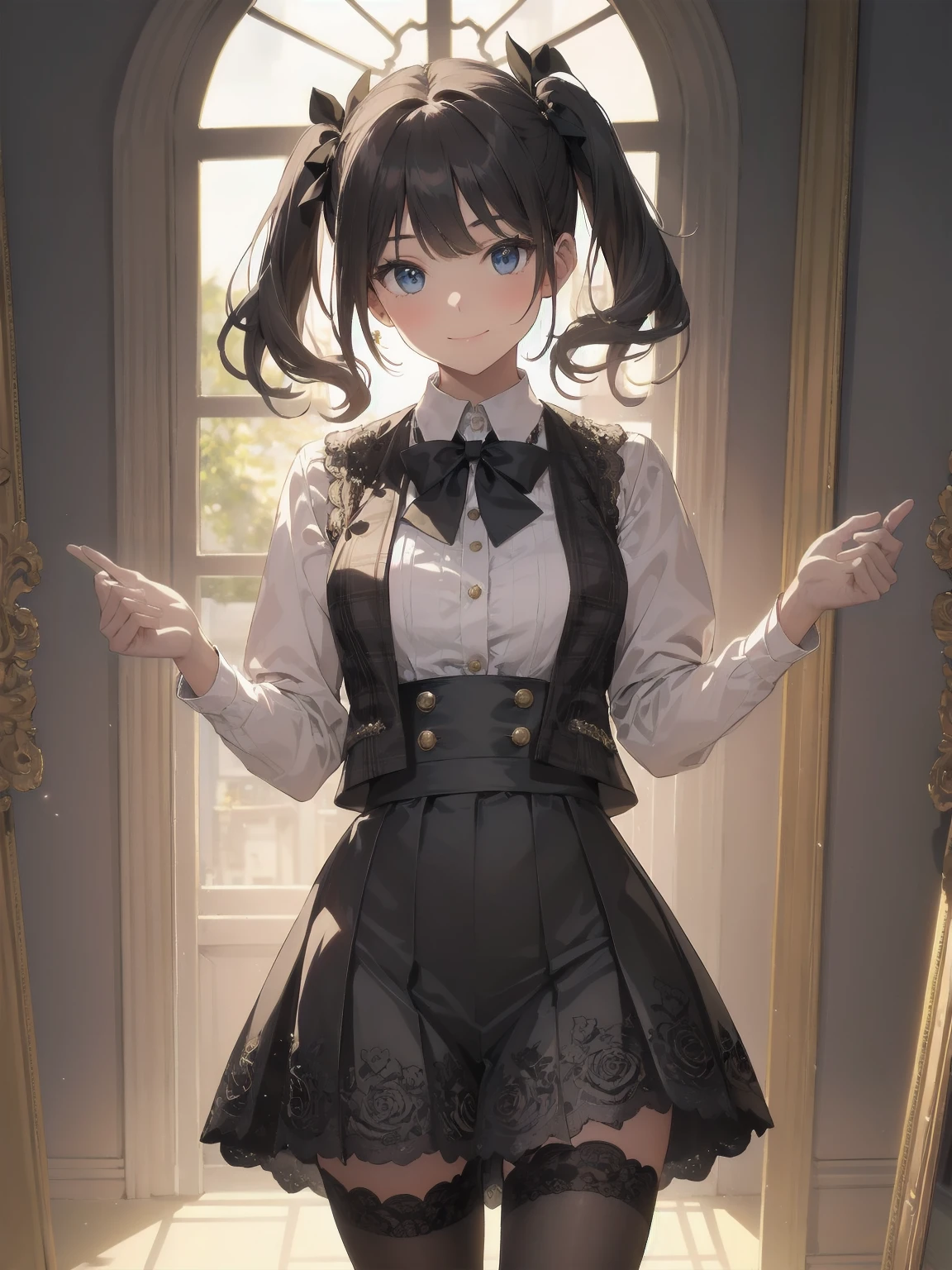 A lavish, photorealistic illustration of Soro, a charming 19th-century maiden, exudes elegance in a masterfully crafted scene. Framed by a ornate, gilded archway, she stands poised, her twintails adorned with sparkling bows, her cardigan vest and short-sleeved shirt perfectly complementing her plaid skirt. Over black legwear, her loafers add a touch of whimsy. A radiant smile spreads across her face, her eyes sparkling like diamonds in the soft, golden light. Every detail, from the intricate lace trim to the delicate folds of her garments, is meticulously rendered by a master illustrator's hand, Dynamic angle shooting by Spielberg、Audrey Hepburn's acting instruction: Dynamic poses、カウボーイショット