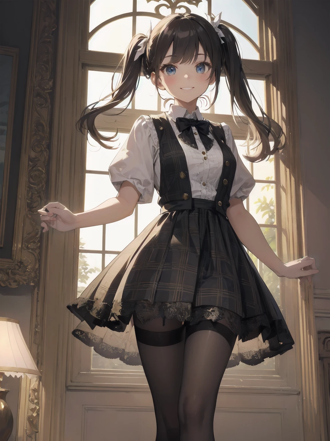 A lavish, photorealistic illustration of Soro, a charming 19th-century maiden, exudes elegance in a masterfully crafted scene. Framed by a ornate, gilded archway, she stands poised, her twintails adorned with sparkling bows, her cardigan vest and short-sleeved shirt perfectly complementing her plaid skirt. Over black legwear, her loafers add a touch of whimsy. A radiant smile spreads across her face, her eyes sparkling like diamonds in the soft, golden light. Every detail, from the intricate lace trim to the delicate folds of her garments, is meticulously rendered by a master illustrator's hand, Dynamic angle shooting by Spielberg、Audrey Hepburn's acting instruction: Dynamic poses、カウボーイショット