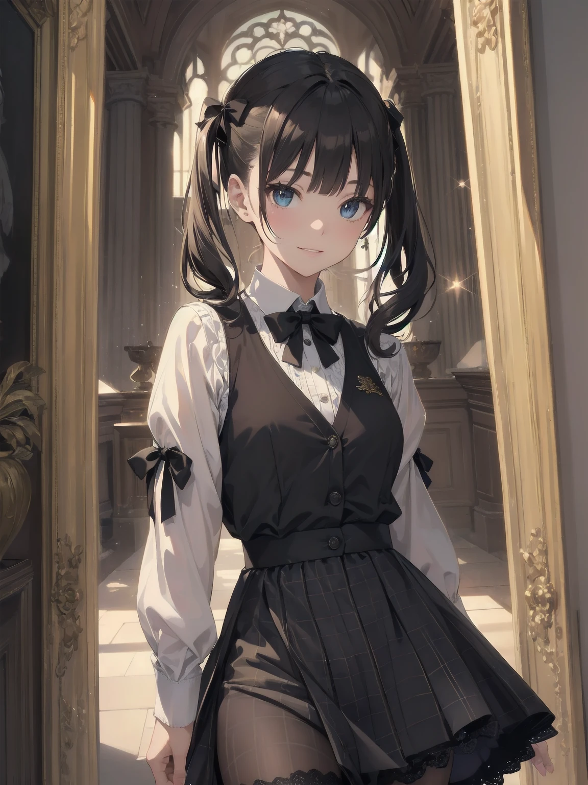 A lavish, photorealistic illustration of Soro, a charming 19th-century maiden, exudes elegance in a masterfully crafted scene. Framed by a ornate, gilded archway, she stands poised, her twintails adorned with sparkling bows, her cardigan vest and short-sleeved shirt perfectly complementing her plaid skirt. Over black legwear, her loafers add a touch of whimsy. A radiant smile spreads across her face, her eyes sparkling like diamonds in the soft, golden light. Every detail, from the intricate lace trim to the delicate folds of her garments, is meticulously rendered by a master illustrator's hand, Dynamic angle shooting by Spielberg、Audrey Hepburn's acting instruction: Dynamic poses、カウボーイショット