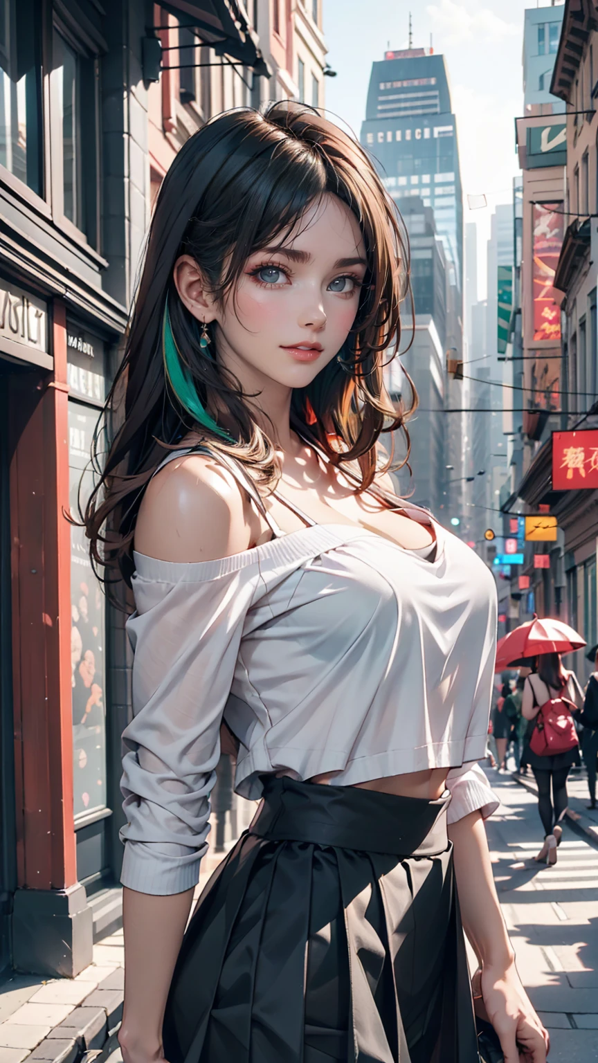 One girl, black_skirt, green_hair, building, city, cityscape, hair_between_eye, Jacket, Looking_in_Audience, Moderate_hair, Multicolor_hair, multiple_boy, night, off_shoulder, Outdoor, pleined_skirt, road, shirt, skirt, Skyscraper, smile, 一人in_concentrated, street, white_shirt、24-year-old woman、Sexy proportions、Sexy、Narrow waist