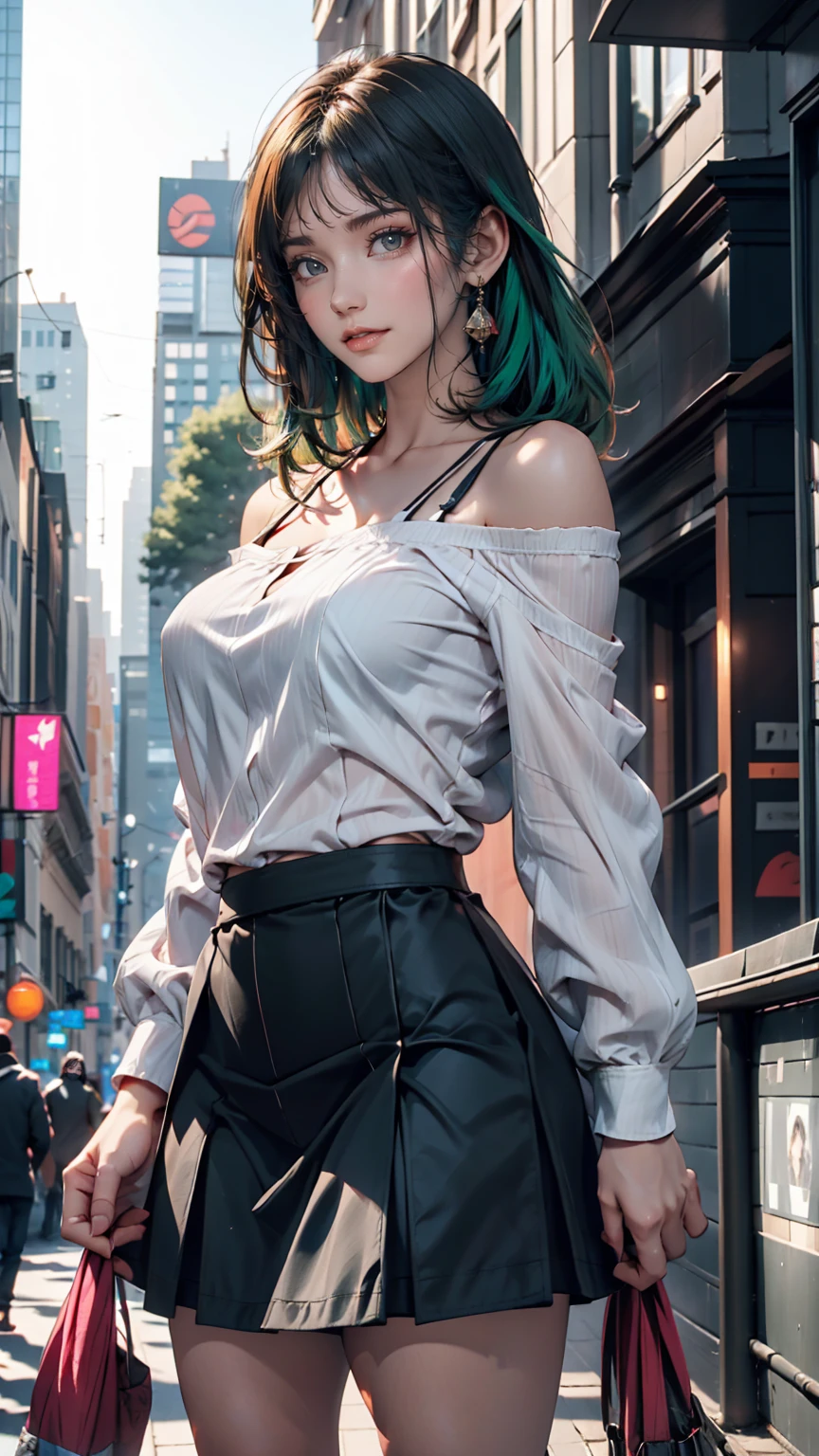 One girl, black_skirt, green_hair, building, city, cityscape, hair_between_eye, Jacket, Looking_in_Audience, Moderate_hair, Multicolor_hair, multiple_boy, night, off_shoulder, Outdoor, pleined_skirt, road, shirt, skirt, Skyscraper, smile, 一人in_concentrated, street, white_shirt、24-year-old woman、Sexy proportions、Sexy、Narrow waist