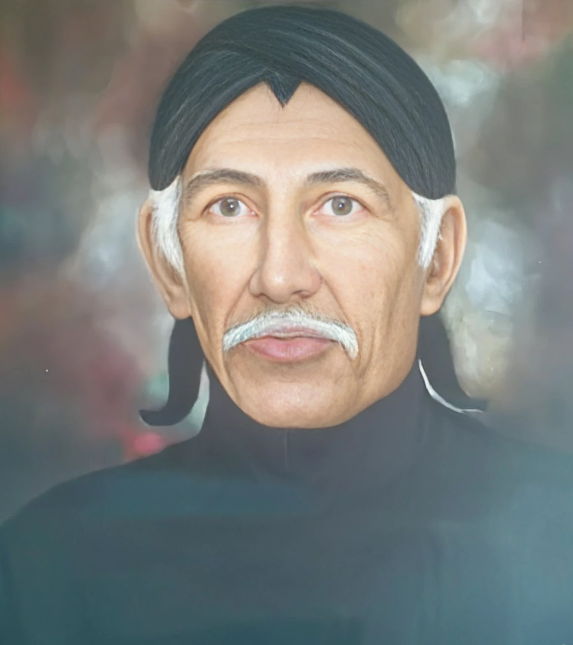 Indonesian Muslim man, wearing blangkon and dark clothes, Javanese nuances, dark brown skin with wrinkles on the forehead, 50 years or over, gray hair and mustache, slightly slanted eyes, sharp nose and thick lower lip. HD realistic images