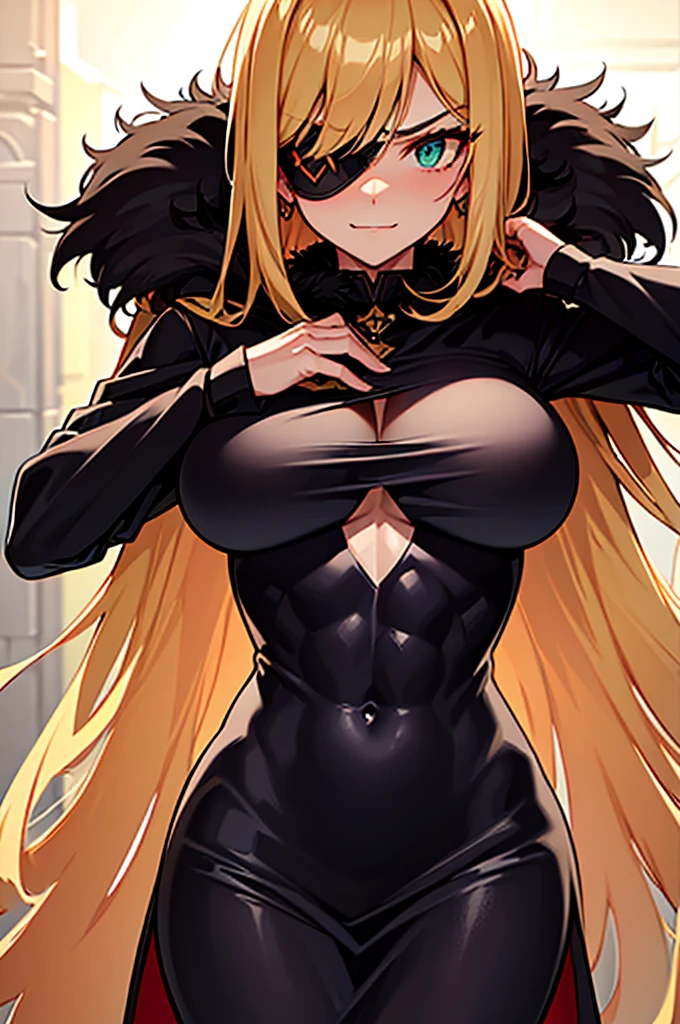 ((masterpiece)), ((best quality)), 1girl, adult, long hair, big bust, ((blonde hair)), very long blonde hair, ((intimidant look)), ((close-up)), profile image, green eyes, black and red clothes, sexy, dark colors, brillant eyes, ((coat with fur)), ((wavy hair)), exposed skin, ((sexy pose)), ((intimidant look)), good anatomy, ((dark sage clothes)), ((straight cut bangs)), emotionless, intimidant, ((beautiful eyes)), dark background, close up, ((detailed eyes)), beautiful eyes, ((detailed face)), hair bang, frontal look, evil, relaxed, smile, magical goddess othinus, abs, detailed face, eyepatch, huge tits, full body, ((detailed))