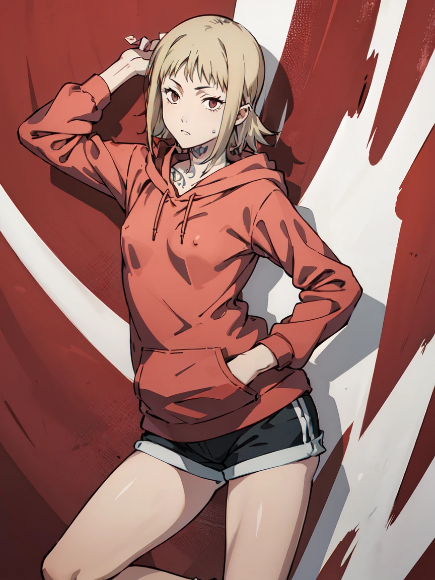 ((Highest quality)), ((masterpiece)), (be familiar with),Akane Sawatari,((Small breasts)),Pointy nipples,Tattoo of the uterus, Red hoodie,Shorts
