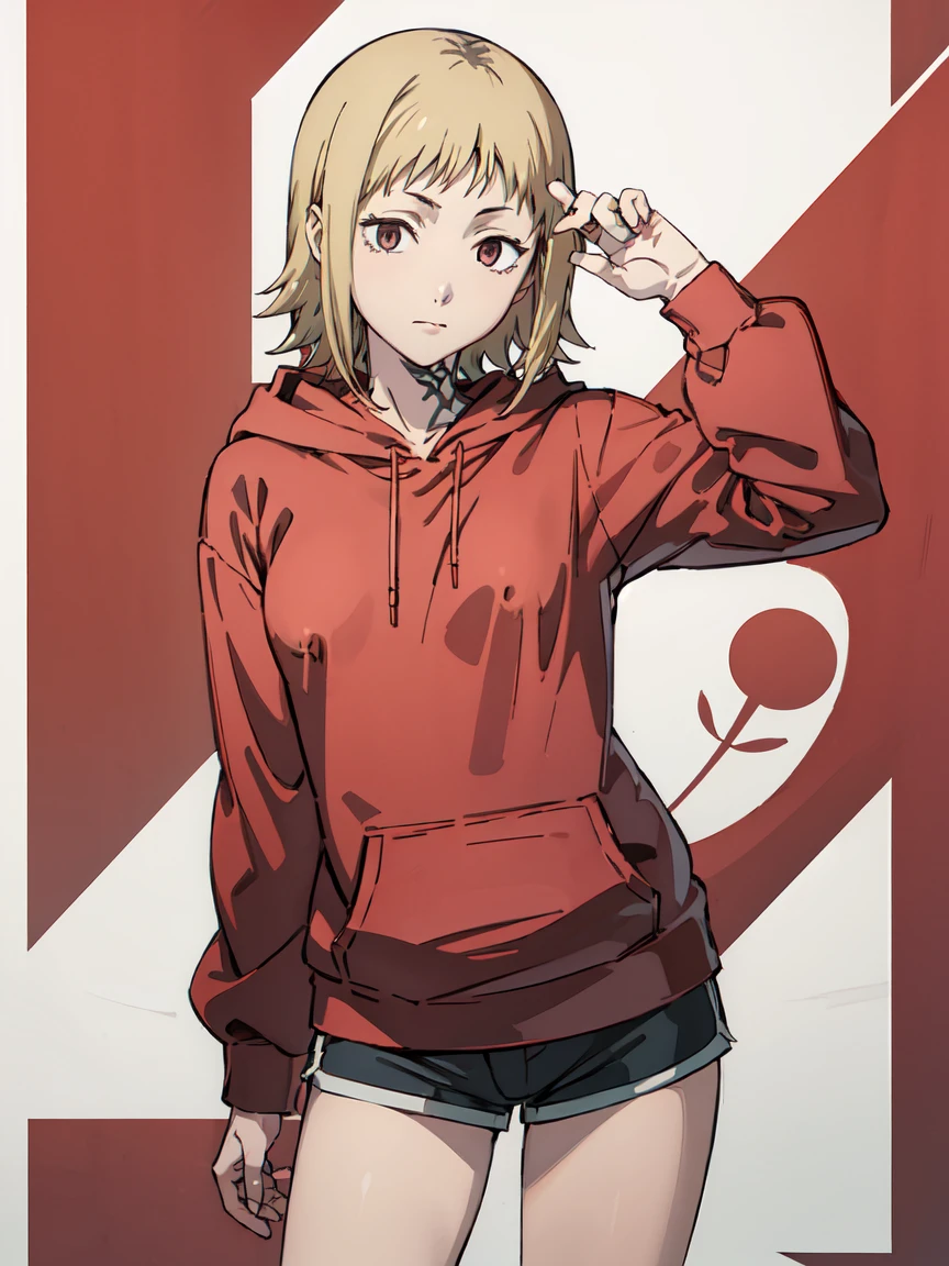 ((Highest quality)), ((masterpiece)), (be familiar with),Akane Sawatari,((Small breasts)),Pointy nipples,Tattoo of the uterus, Red hoodie,Shorts
