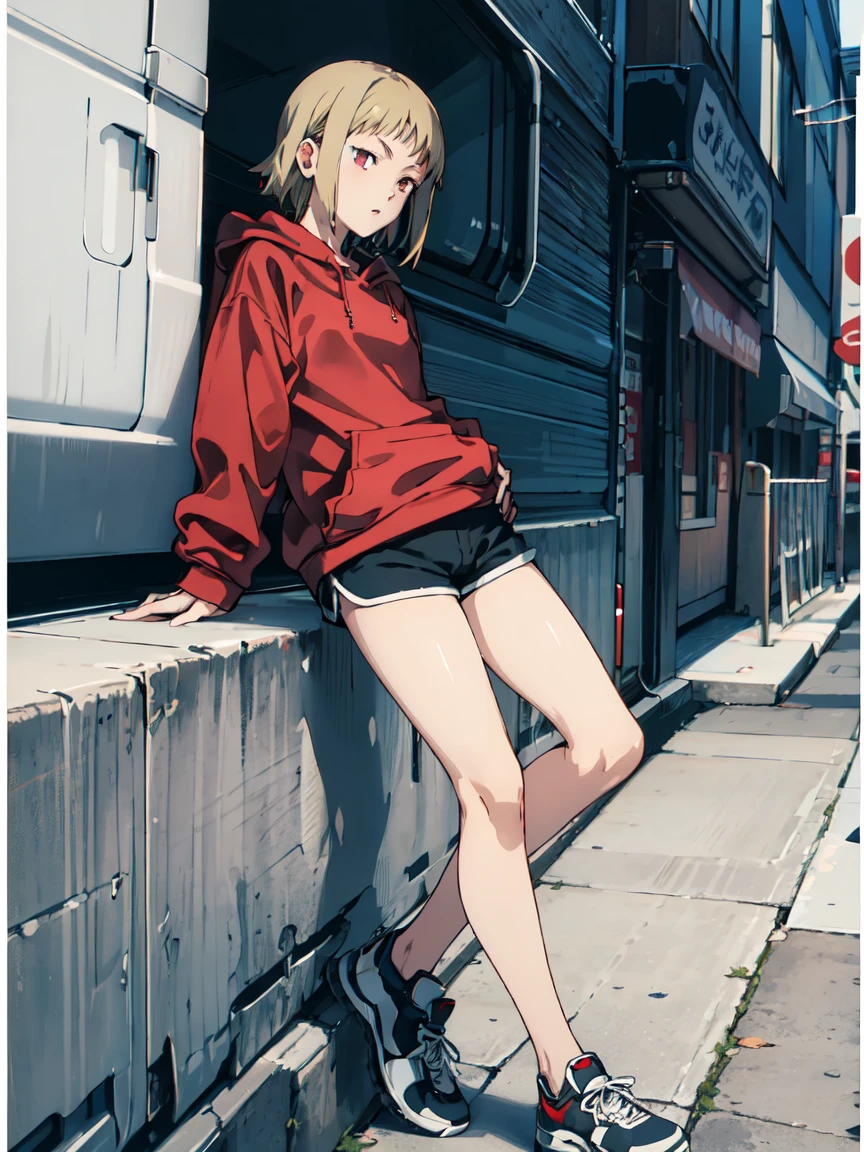 ((Highest quality)), ((masterpiece)), (be familiar with),Akane Sawatari,((Small breasts)),Pointy nipples,Tattoo of the uterus, Red hoodie,Shorts
