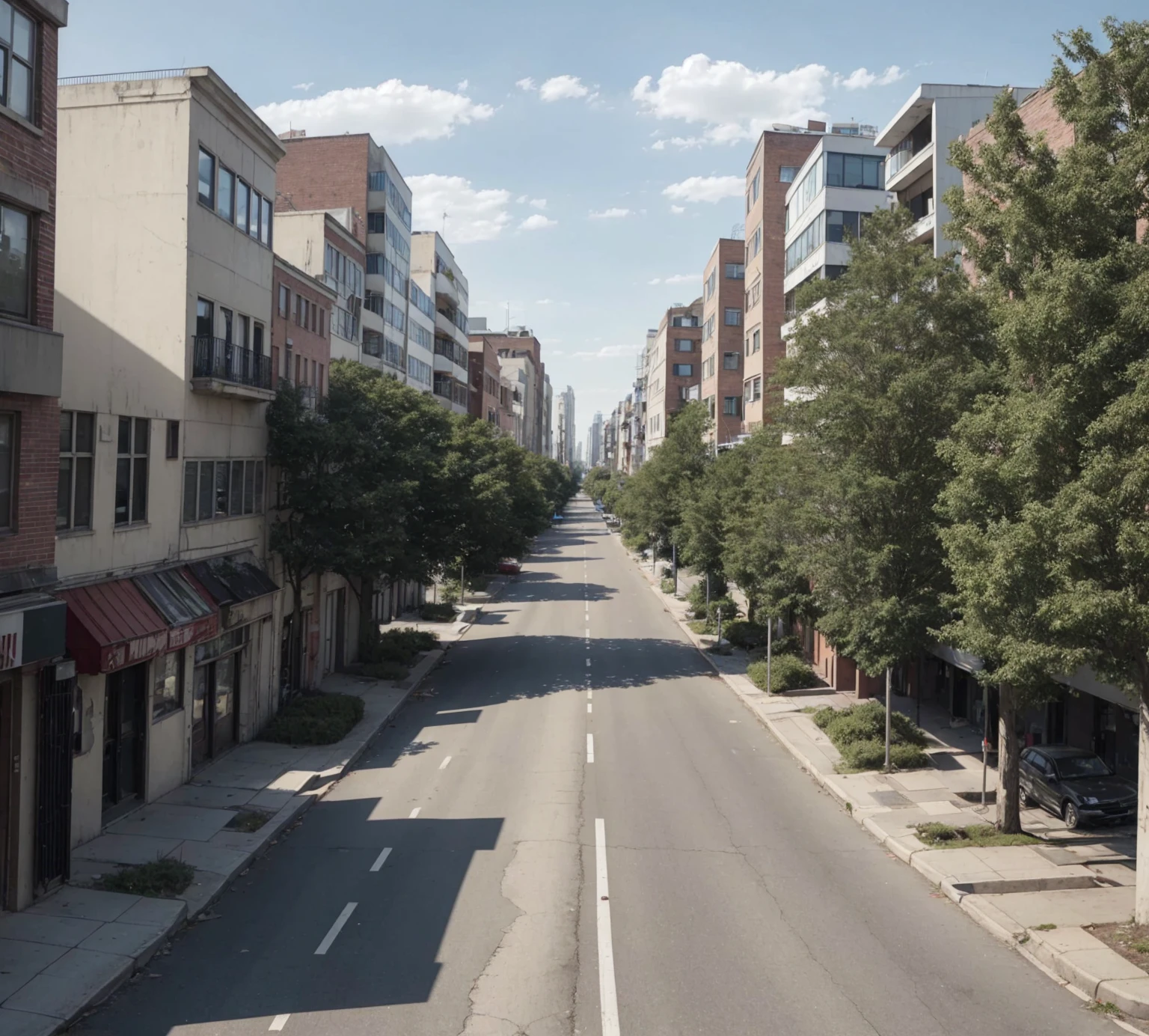 ((best qualityer)), (detailded), a central avenue in the center of the image, on the sides tall, modern buildings on the left and right, with some smaller and older houses. On the sidewalks, scattered urban trees, some dry leaves lying around. The avenue is deserted of vehicles, but light skinned zombies, with torn clothes and unkempt appearance, walk slowly down the street and sidewalks. Some zombies approach broken doors and windows of buildings and houses, conveying a climate of abandonment and desolation. The floor is covered in pieces of paper, urban trash and blood stains. The scene is illuminated by a diffused light, like a cloudy day, accentuating the somber mood.