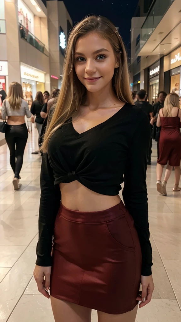Lily Bowman), posing, modeling, with dark brown casual outfit design, full body, mall night, sexy smile, best quality, blur night background with Green Eyes, , Ultra Realistic, Meticulously Detailed, Portrait, Blonde Hair and Big Eyes, Selfie of a Young Woman, Green Eyes, No Makeup, Natural Makeup, Looking Directly at the Camera, face artgram, subtle make-up, Impressive photo, stand, with sexy smile, Medium and large size chest, allowing the face to be seen clearly, mall, night.