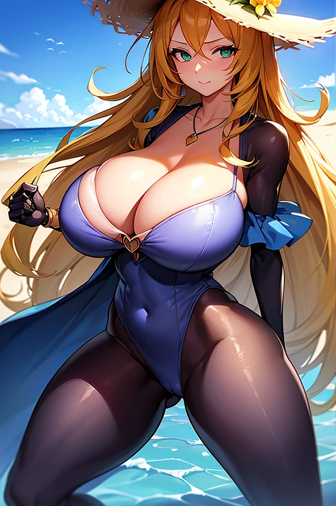 a cartoon picture of a woman with a sun hat and a blue heart necklace, oppai, big breasts!, biomechanical oppai, big breasts!!, cleavage, nami, (sfw) safe for work, sfw version, sfw huge breasts, with a large breasts, with large breasts, nami one piece, big breasts. Green eyes, blonde hair, on a beach