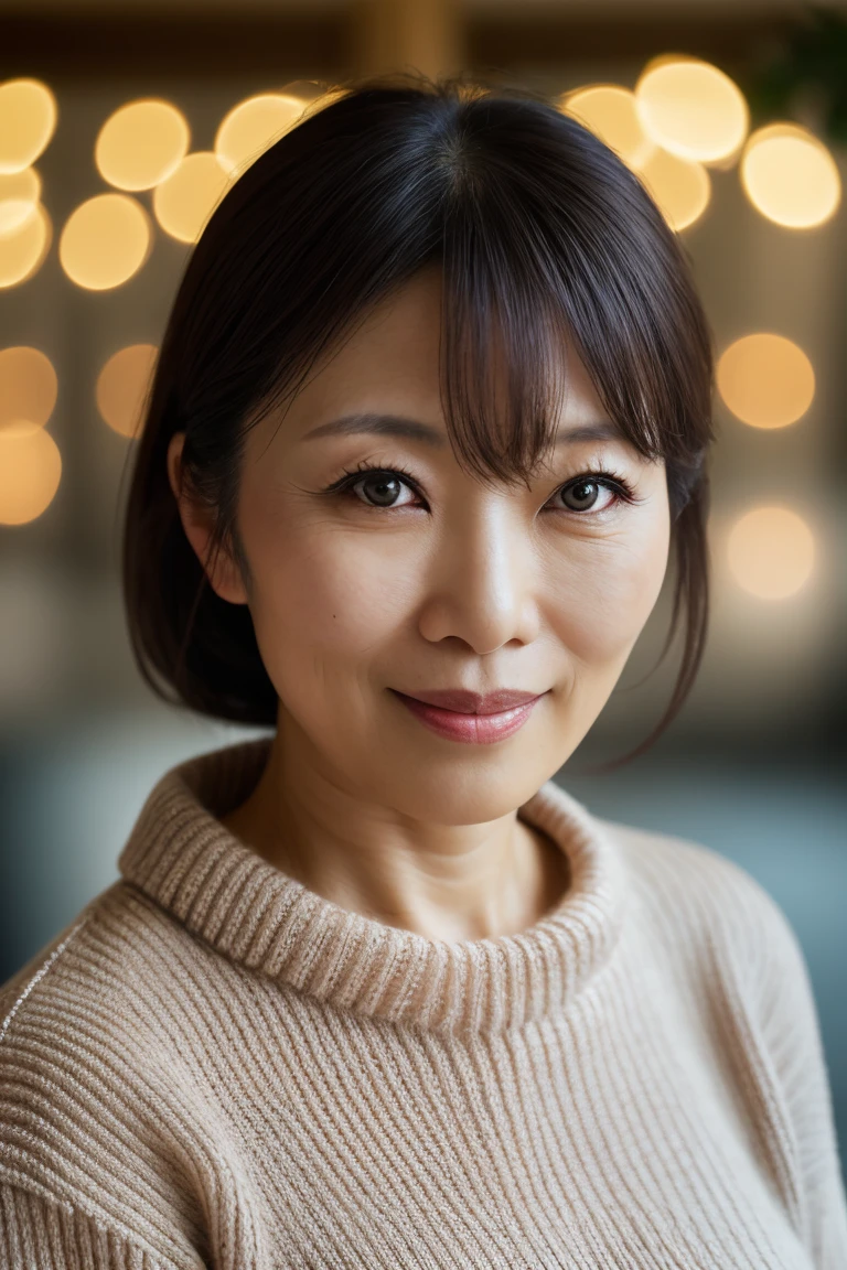 Portrait of a middle-aged Japanese woman, 40 years old, cute face, slim, by twisting, (sexy sweater: 1.2), background blur, simple background, (sophisticated skin: 1.0) ), (masterpiece: 1.2) (realistic: 1.2) (bokeh) (Top Quality) (Intricate Detail) (8K) (High Dynamic Range) (analog film) (Canon D5) (Movie Lighting) (Sharp Focus), Running、smile