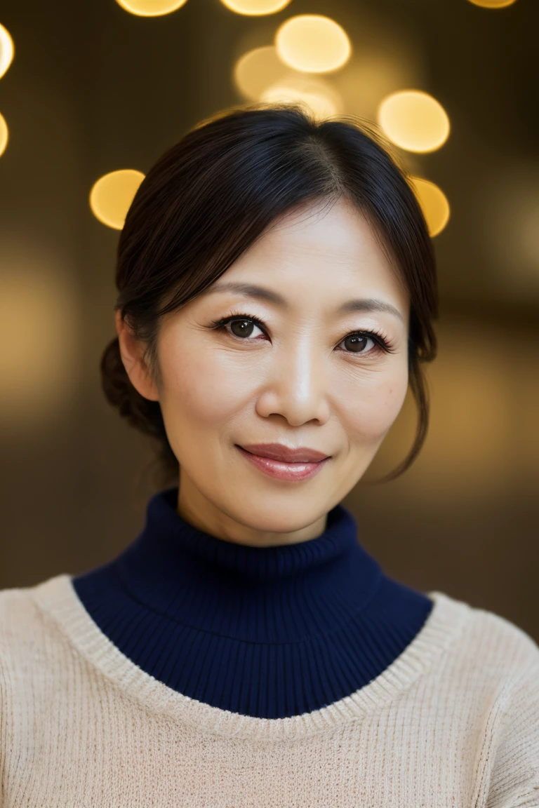 Portrait of a middle-aged Japanese woman, 40 years old, cute face, slim, by twisting, (sexy sweater: 1.2), background blur, simple background, (sophisticated skin: 1.0) ), (masterpiece: 1.2) (realistic: 1.2) (bokeh) (Top Quality) (Intricate Detail) (8K) (High Dynamic Range) (analog film) (Canon D5) (Movie Lighting) (Sharp Focus), Running、smile