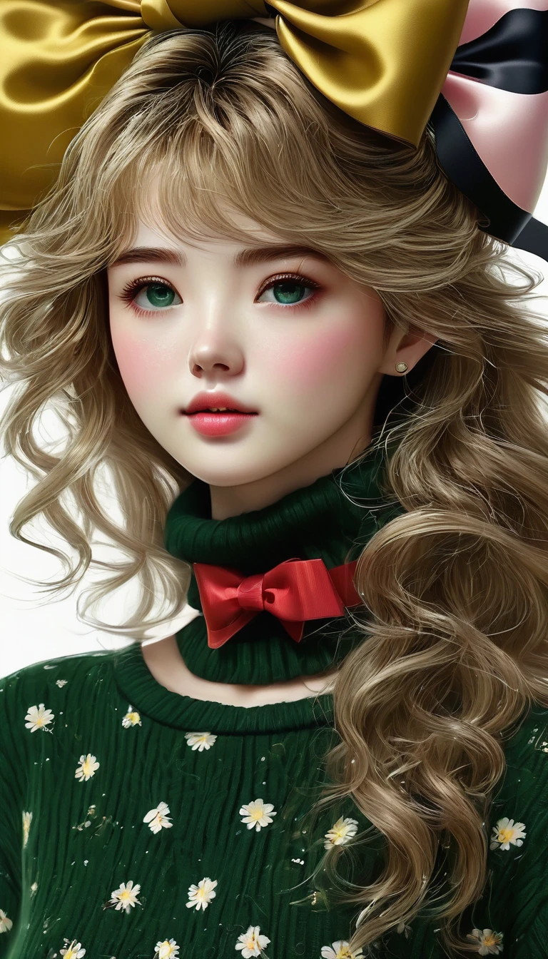 Ultra-realistic CG K ,((premium、8k、32k、Masterpiece、NFFSW:1.3)), (superfine illustration)、(super high resolution), (((adult body))), (Masterpiece, Best Quality:1.2),a beautiful girl,Skin details processing.,The eyes are finely described.,delicate hair,long wavy hair,long light hair,Wear a big bow on your head,black sweater,white dots,Skirt,green,clean background