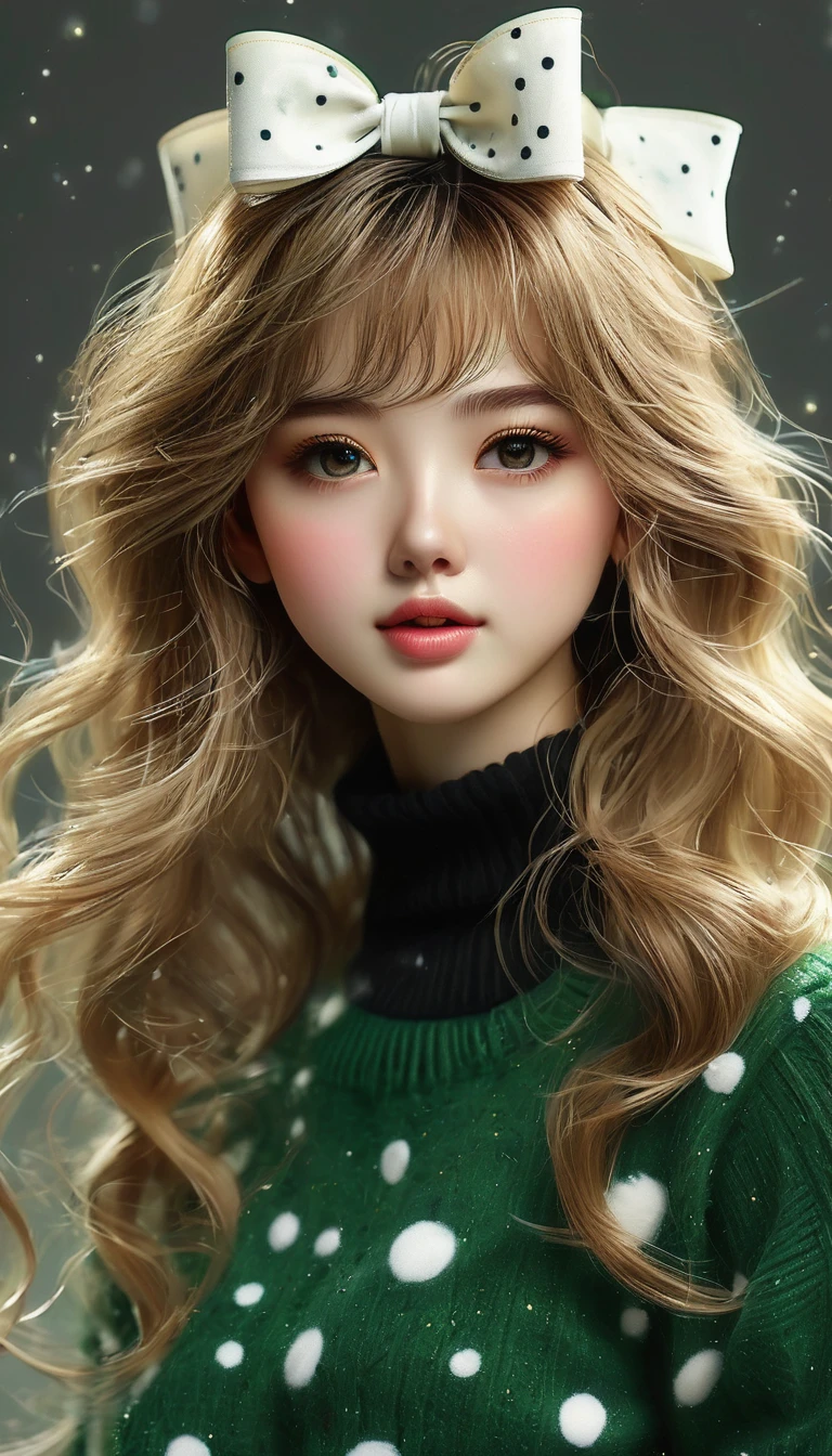 Ultra-realistic CG K ,((premium、8k、32k、Masterpiece、NFFSW:1.3)), (superfine illustration)、(super high resolution), (((adult body))), (Masterpiece, Best Quality:1.2),a beautiful girl,Skin details processing.,The eyes are finely described.,delicate hair,long wavy hair,long light hair,Wear a big bow on your head,black sweater,white dots,Skirt,green,clean background