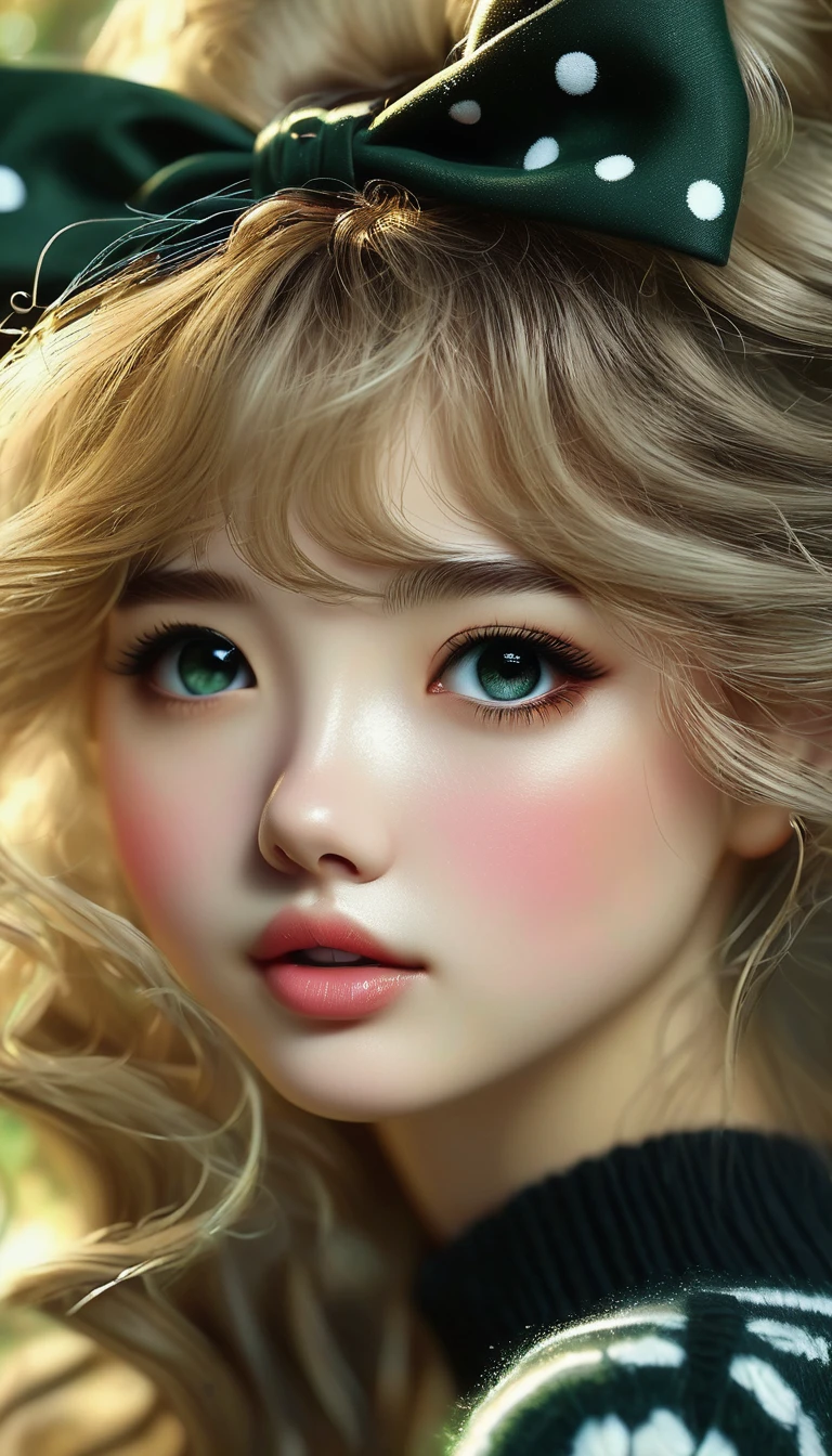 Ultra-realistic CG K ,((premium、8k、32k、Masterpiece、NFFSW:1.3)), (superfine illustration)、(super high resolution), (((adult body))), (Masterpiece, Best Quality:1.2),a beautiful girl,Skin details processing.,The eyes are finely described.,delicate hair,long wavy hair,long light hair,Wear a big bow on your head,black sweater,white dots,Skirt,green,clean background