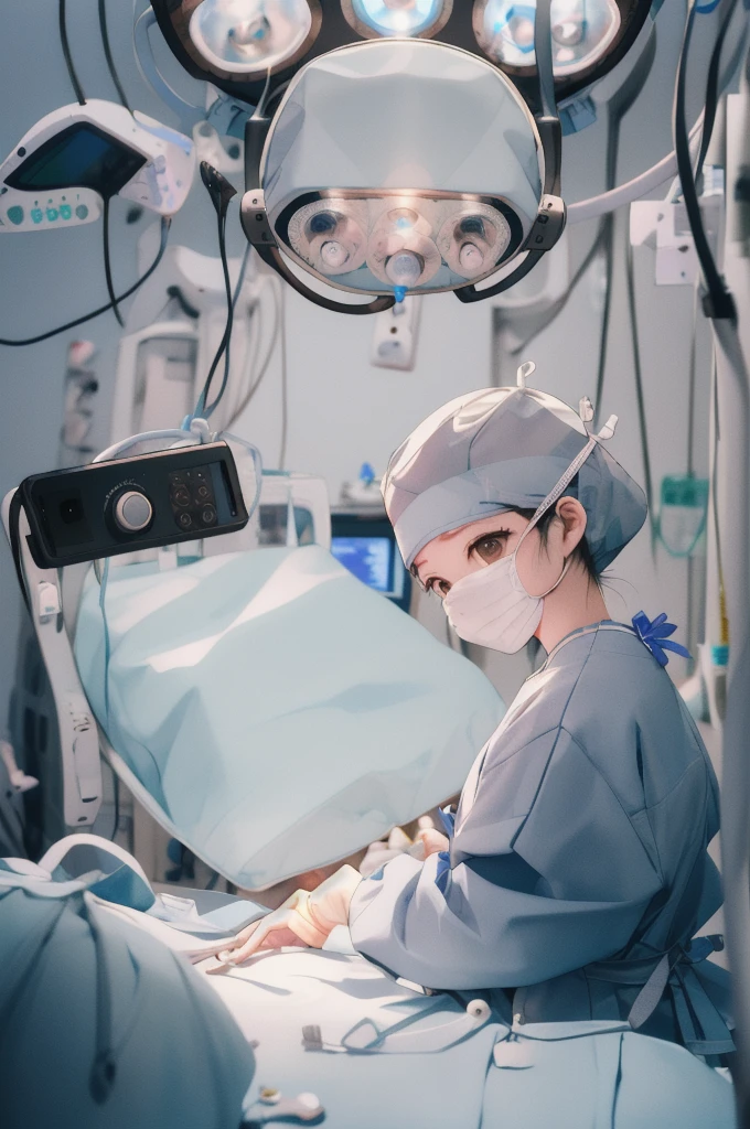 (RAW photo, best quality), 1girl, pregnant, long sleeve surgical outfit, surgical mask,  surgical gloves, surgical cap,  operating room, overhead surgical light, blurred background, focused
 aoi takamoto