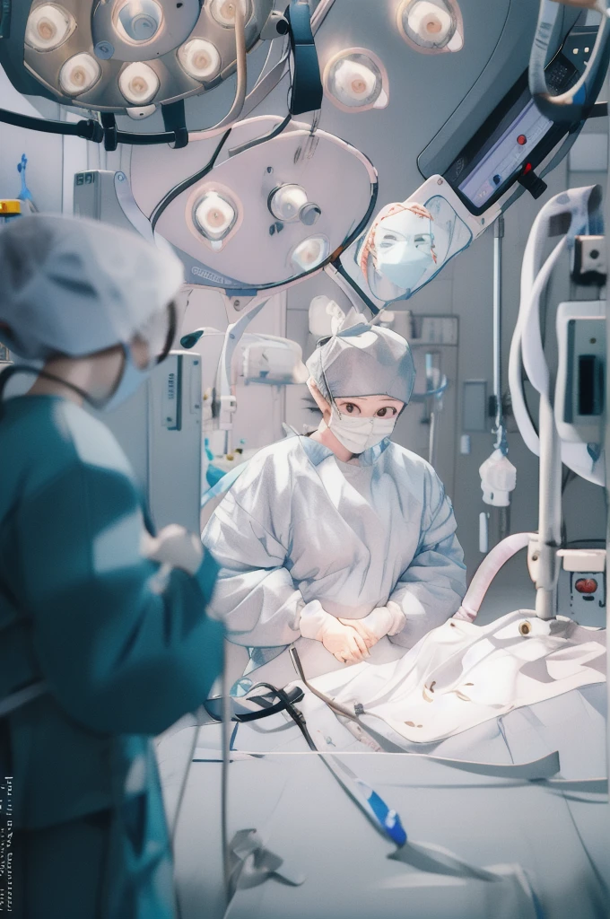 (RAW photo, best quality), 1girl, pregnant, long sleeve surgical outfit, surgical mask,  surgical gloves, surgical cap,  operating room, overhead surgical light, blurred background, focused
 aoi takamoto