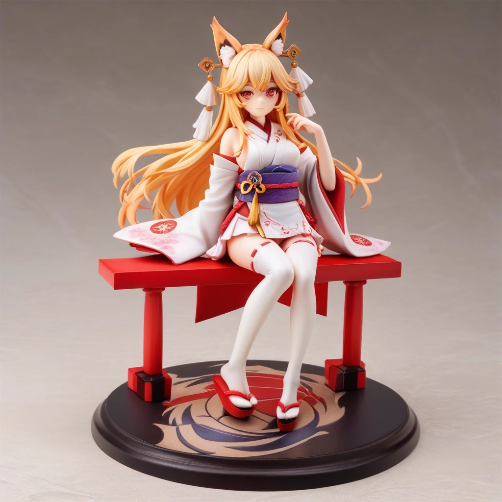 ((Highest quality)), ((masterpiece)), (be familiar with), Perfect Face, Big eyes, Drooping eyes, eyelash, The sparkling light of the eyes , Blonde, Red eyes, Fox ears, japanese shrine maiden, (pink mini skirt), white thighhighs, nontraditional miko, (intricate detailed white satin panties), Sitting, (knees together feet apart), Medium breasts, closed mouth