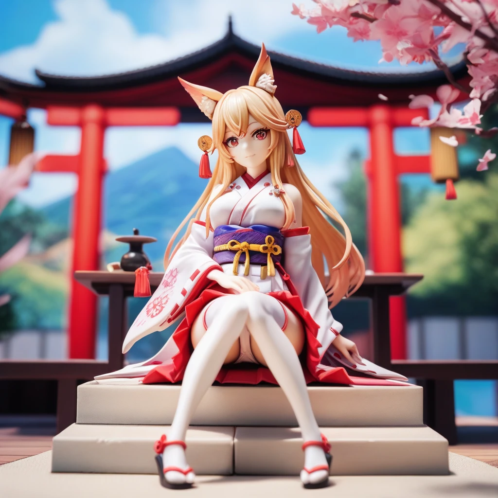 ((Highest quality)), ((masterpiece)), (be familiar with), Perfect Face, Big eyes, Drooping eyes, eyelash, The sparkling light of the eyes , Blonde, Red eyes, Fox ears, japanese shrine maiden, (pink mini skirt), white thighhighs, nontraditional miko, (intricate detailed white satin panties), Sitting, (knees together feet apart), Medium breasts, closed mouth