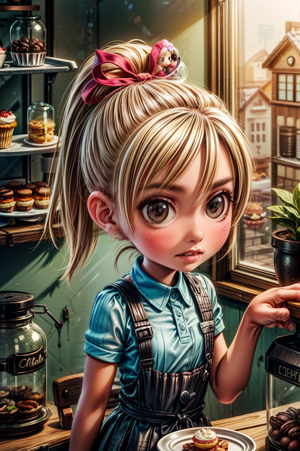 masterpiece, highly detailed, (chibi:1.3), , (1girl), blonde hair, pastel colors, cozy atmosphere, dessert display case, macarons, cupcakes, tarts, cakes, coffee machine, chalkboard menu, natural lighting, glass jars filled with candy, frosted window panes, decorative plates, whimsical decor, 
